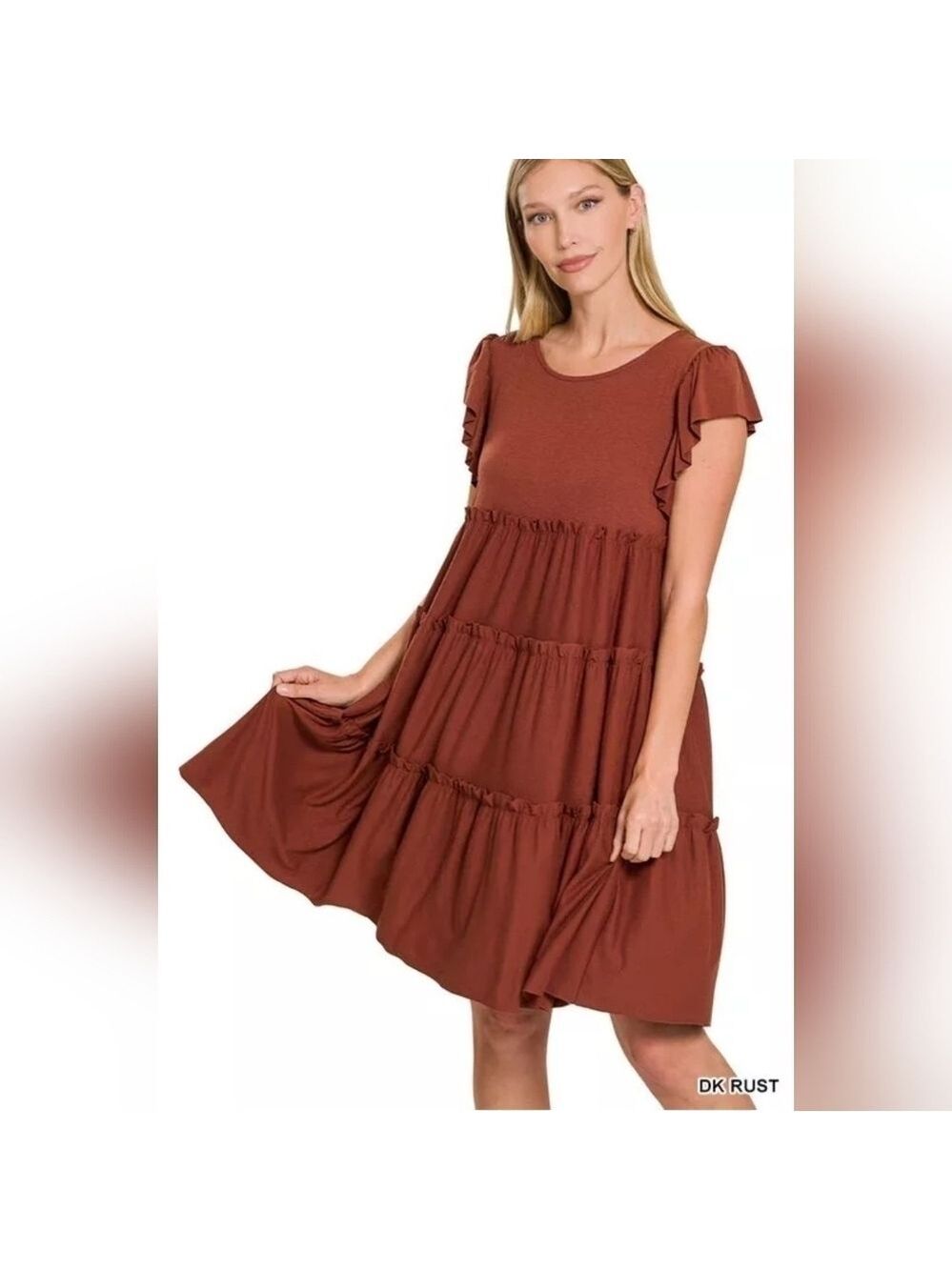 Zenana | Ruffle Sleeve Babydoll Dress | Dark Rust